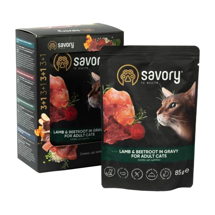Набор корма для кошек Savory Adult pouch 3+1 шт х 85 г - ягненок и свекла - masterzoo.ua