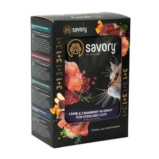 Набір корму для котів Savory Sterilised pouch 3+1 шт х 85 г - ягня та журавлина - masterzoo.ua