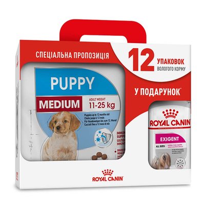 Акційний набір для собак Royal Canin Medium Puppy 4 кг + Royal Canin Exigent loaf wet 12 шт х 85 г (домашня птиця) - masterzoo.ua