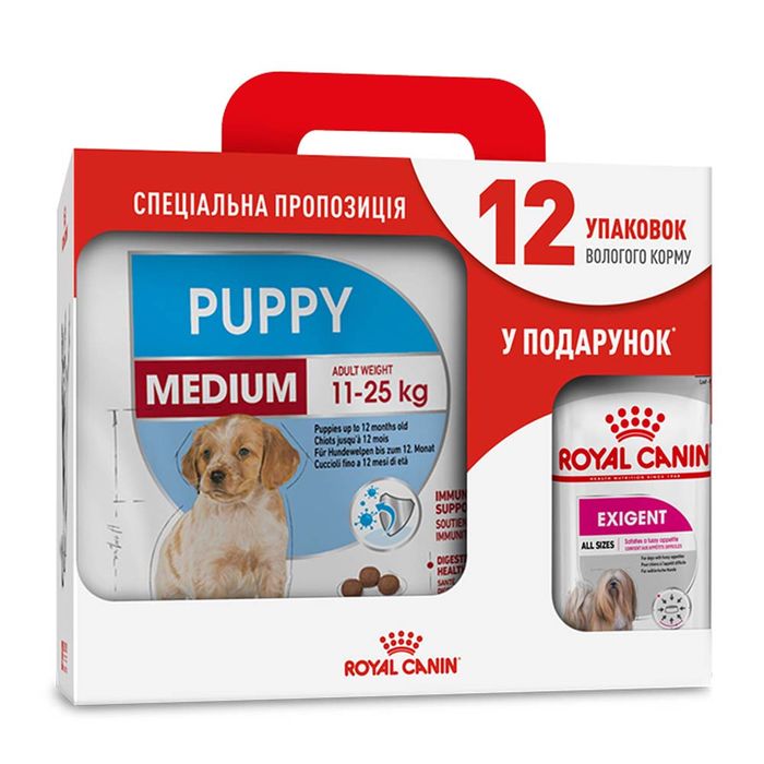 Акционный набор для собак Royal Canin Medium Puppy 4 кг + Royal Canin Exigent loaf wet 12 шт х 85 г - домашняя птица - masterzoo.ua
