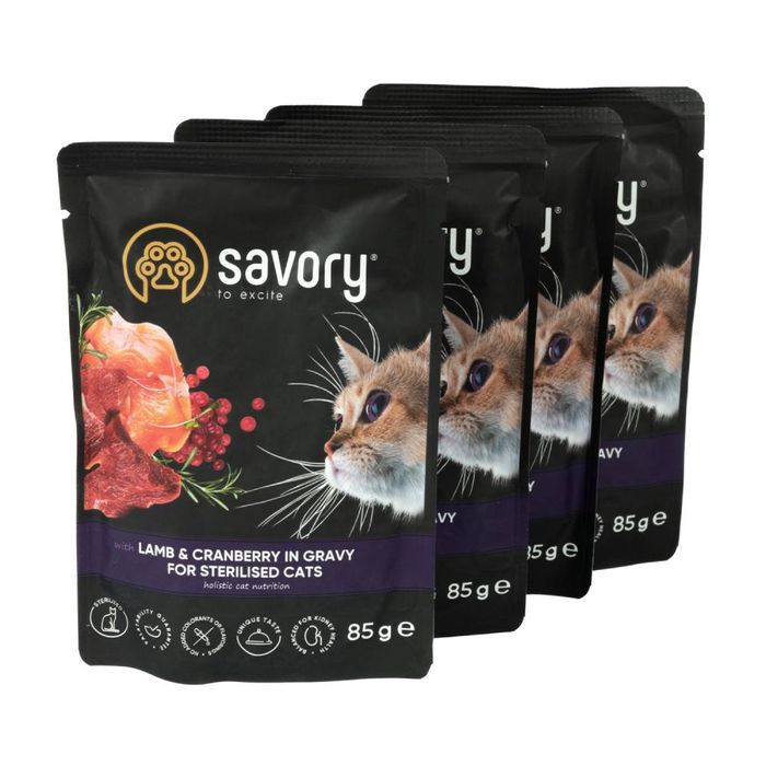 Набір корму для котів Savory Sterilised pouch 3+1 шт х 85 г - ягня та журавлина - masterzoo.ua