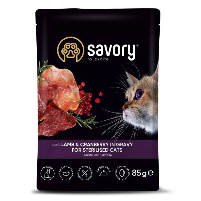 Набор корма для кошек Savory Sterilised pouch 3+1 шт х 85 г - ягненок и клюква - masterzoo.ua