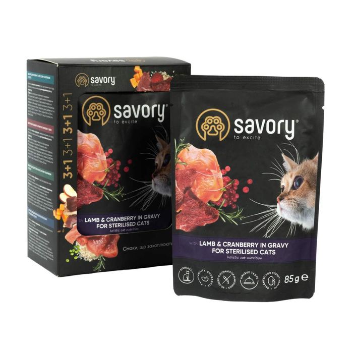 Набір корму для котів Savory Sterilised pouch 3+1 шт х 85 г - ягня та журавлина - masterzoo.ua