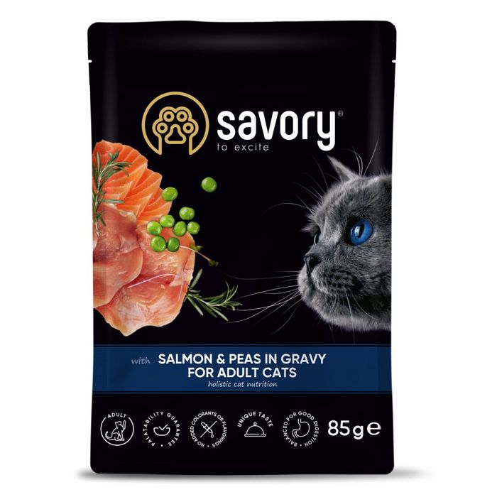 Набор корма для кошек Savory Adult pouch 3+1 шт х 85 г - лосось и горошек - masterzoo.ua