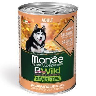 Вологий корм для собак Monge Bwild Grain Free Adult 400 г - лосось, гарбуз та цукіні - masterzoo.ua