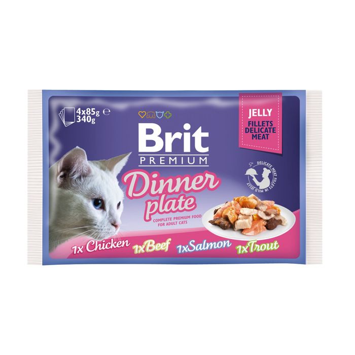 Вологий корм для котів Brit Premium Cat Dinner Plate Fillets Jelly pouches 340 г (асорті з 4 смаків «Обідня тарілка» в желе) - masterzoo.ua