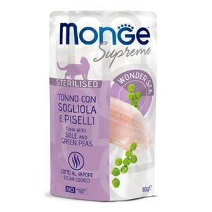 Влажный корм для кошек Monge Supreme Sterilised 80 г - тунец, камбала и зеленый горошек - masterzoo.ua