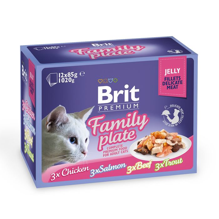Влажный корм для кошек Brit Premium Cat Family Plate Jelly pouches 1020 г (ассорти из 4 вкусов «Семейная тарелка» в желе) - masterzoo.ua