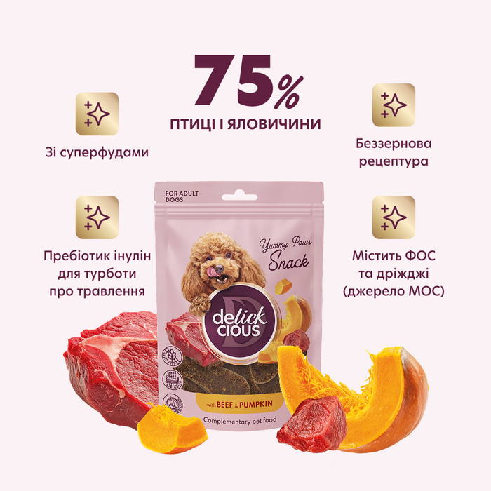 Ласощі для собак Delickcious Yummy Paws Snack Adult 80 г - яловичина та гарбуз - masterzoo.ua
