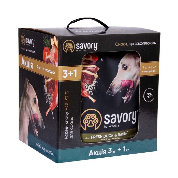 Сухой корм Savory для собак всех пород 3+1 кг (утка и кролик) - masterzoo.ua