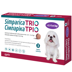 Жувальні таблетки для собак від бліх, кліщів та гельмінтів Сімпарика ТРІО від 2,6-5 кг, 3 таблетки (від зовнішніх та зовнішніх паразитів) - masterzoo.ua