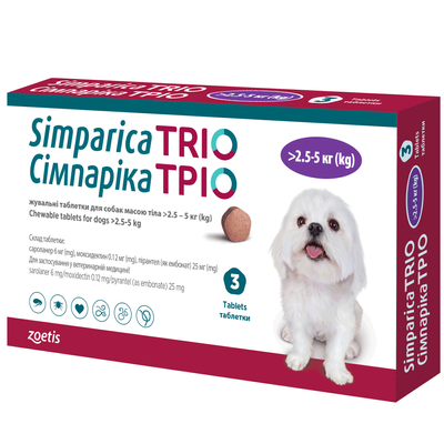 Жевательные таблетки для соба Симпарика (Simparica) ТРИО от 2,6 до 5 кг, 3 таблетки - masterzoo.ua
