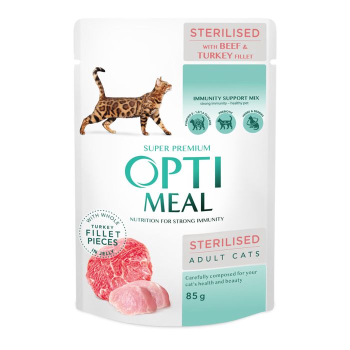 Вологий корм для стерилізованих котів Optimeal pouch 85 г (яловичина та індичка) - masterzoo.ua