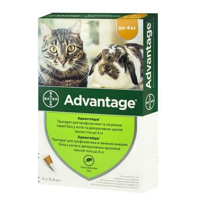 Капли на холку для кошек и кроликов Bayer «Advantage» (Адвантейдж) до 4 кг, 4 пипетки (от внешних паразитов) - rds - masterzoo.ua