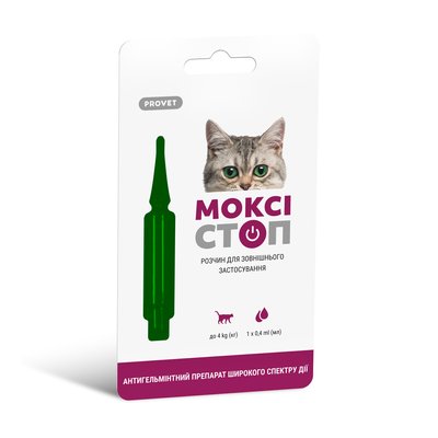 Краплі на холку для котів ProVET МОКСІСТОП до 4кг (для лікування і профілактики гельмінтозів) 1 піпетка - masterzoo.ua