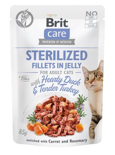 Влажный корм для кастрированных котов Brit Care Adult Sterilised Hearty Duck & Tender Turkey 85 г (утка и индейка в желе) - masterzoo.ua