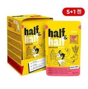 Упаковка вологого корму для котів Half&Half Adult 6 шт х 85 г - яловичина та морква - masterzoo.ua