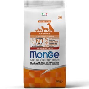Сухий корм для цуценят Monge Monoprotein All Breeds Puppy & Junior 2,5 кг - качка та рис - masterzoo.ua