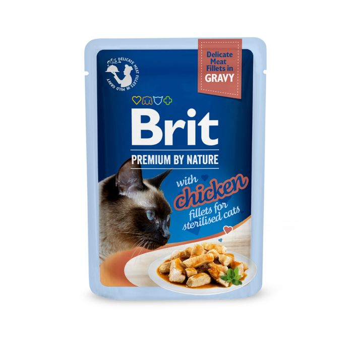 Влажный корм для котов Brit Premium Delicate Fillets in Gravy Chicken for Sterilised pouch 85 г - филе курицы в соусе - masterzoo.ua