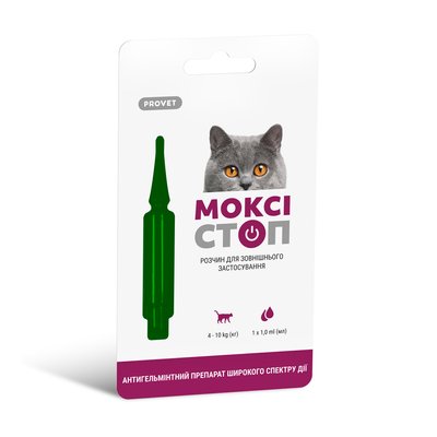 Краплі на холку для котів ProVET МОКСІСТОП від 4-10кг (для лікування і профілактики гельмінтозів) 1 піпетка - masterzoo.ua