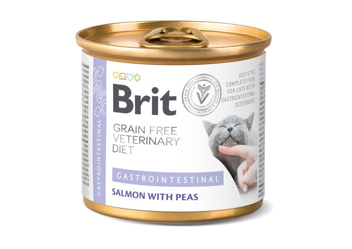 Влажный корм для кошек при заболеваниях желудочно-кишечного тракта Brit GF Veterinary Diet Cat Cans Gastrointestinal 200 г (лосось и горох) - masterzoo.ua