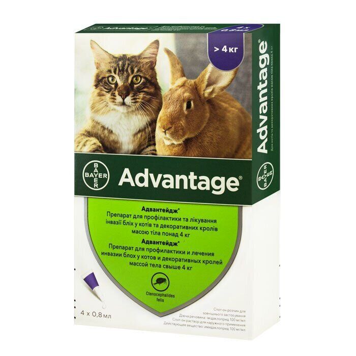 Краплі на холку для котів та кролів Bayer «Advantage» (Адвантейдж) від 4 до 8 кг, 4 піпетки (від зовнішніх паразитів) - rds - masterzoo.ua