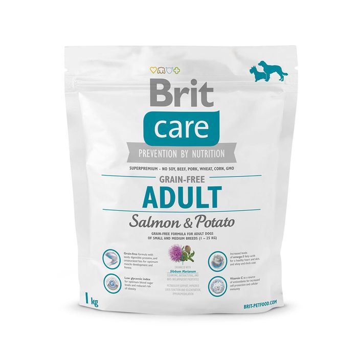 Сухий корм для дорослих собак дрібних та середніх порід (вагою до 25 кг) Brit Care GF Adult Salmon & Potato 1 кг (лосось) - masterzoo.ua