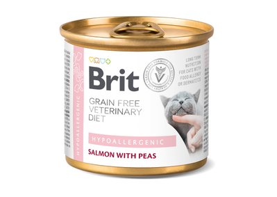 Вологий корм для котів з харчовою алергією Brit VetDiets Hypoallergenic, 200 г (лосось та горох) - masterzoo.ua