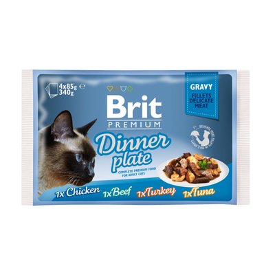 Вологий корм для котів Brit Premium Cat Dinner Plate Fillets Gravy pouches 340 г (асорті з 4 смаків «Обідня тарілка» в соусі)