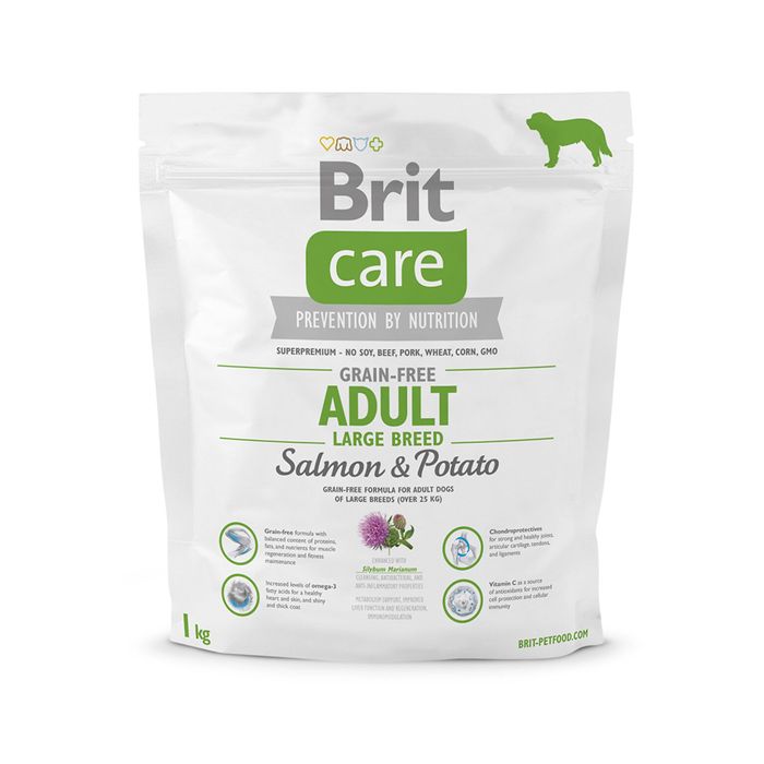Сухий корм для дорослих собак великих порід (вагою від 25 до 45 кг) Brit Care GF Adult Large Breed Salmon & Potato 1 кг (лосось) - masterzoo.ua