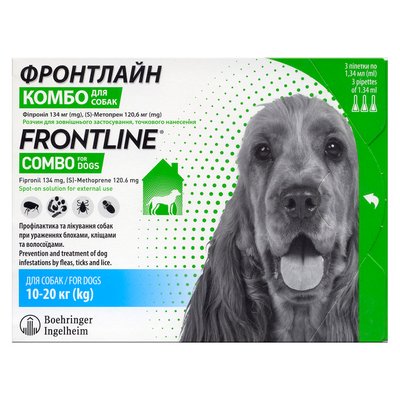 Краплі на холку для собак Boehringer Ingelheim (Merial) «Frontline Combo» (Фронтлайн Комбо) від 10 до 20 кг, 3 піпетки (від зовнішніх паразитів) - masterzoo.ua