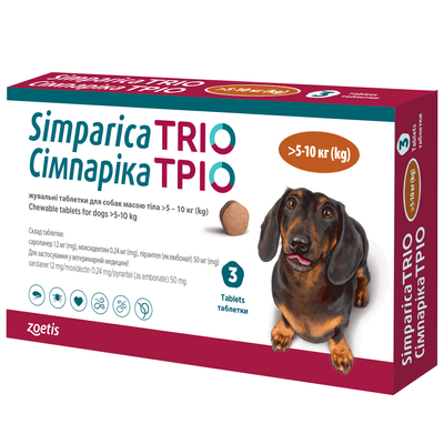 Жувальні таблетки для собак Сімпарика ТРІО від 5,1-10 кг, 1 таб - masterzoo.ua