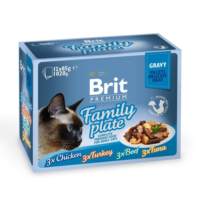 Влажный корм для кошек Brit Premium Cat Family Plate Gravy pouches 1020 г (ассорти из 4 вкусов «Семейная тарелка» в соусе) - masterzoo.ua