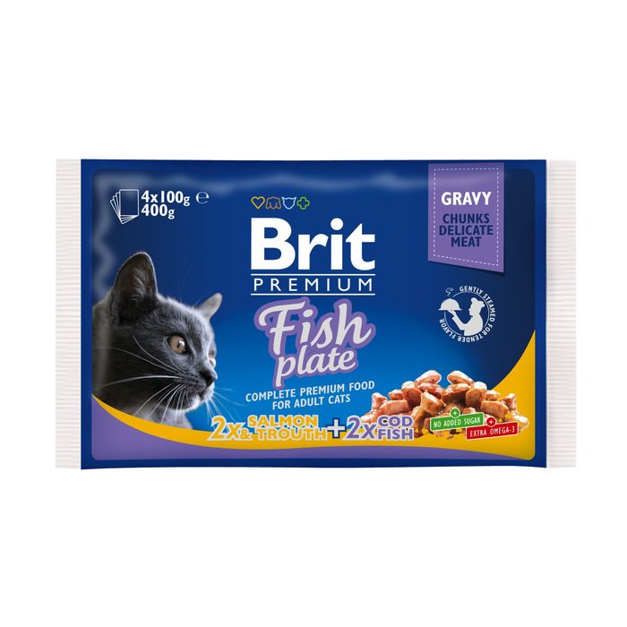 Влажный корм для кошек Brit Premium Cat Fish Plate pouches 400 г (ассорти из 2 вкусов «Рыбная тарелка») - masterzoo.ua