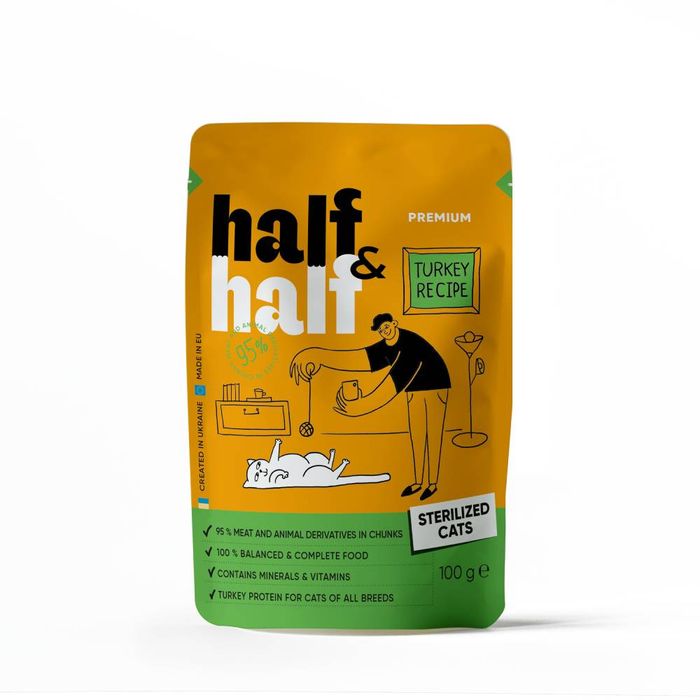 Вологий корм для котів Half&Half Sterilized 5+1 pouch 600 г - індичка - masterzoo.ua