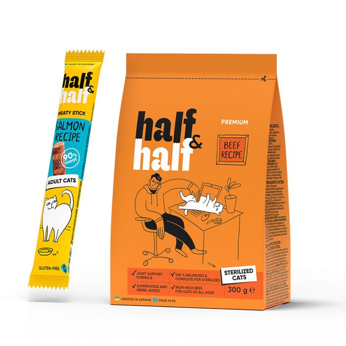 Сухой корм для кошек Half&Half Sterilized 300 г - говядина + Лакомство - лосось - masterzoo.ua