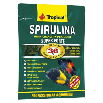 Сухий корм для акваріумних риб Tropical в пластівцях «Super Spirulina Forte» 12 г (для травоїдних риб) - masterzoo.ua