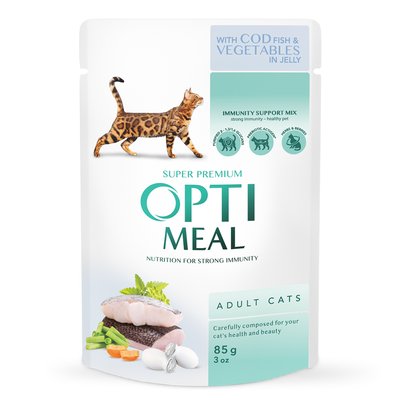 Вологий корм для дорослих котів Optimeal 85 г (тріска та овочі в желе) - masterzoo.ua