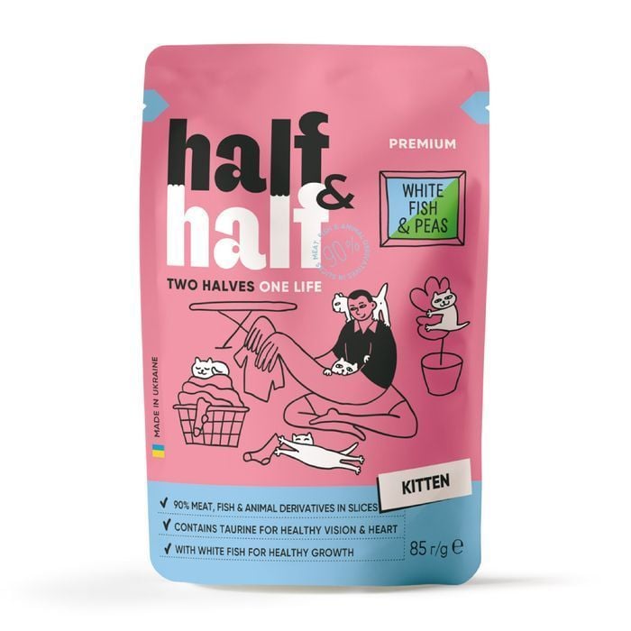Упаковка влажного корма для котят Half&Half Kitten 24 шт х 85 г - белая рыба и горох - masterzoo.ua