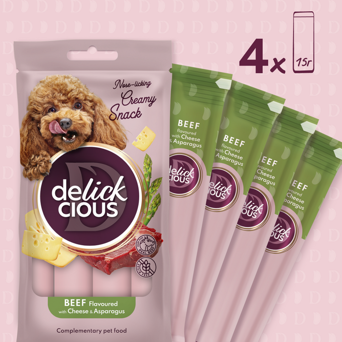 Ласощі для собак Delickcious Creamy Snack 60 г - яловичина, сир та спаржа - masterzoo.ua