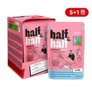 Упаковка вологого корму для кошенят Half&Half Kitten 6 шт х 85 г - біла риба та горох - masterzoo.ua