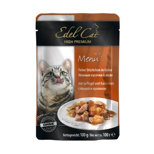 Вологий корм для котів Edel Cat pouch 100 г (птах та кролик в желе) - masterzoo.ua