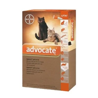 Краплі на холку для котів та тхорів Bayer «Advocate» (Адвокат) до 4 кг, 1 піпетка (від зовнішніх та внутрішніх паразитів) - masterzoo.ua