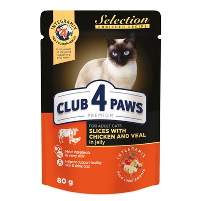 Вологий корм для котів Club 4 Paws Premium Selection 80 г (курка та телятина) - masterzoo.ua