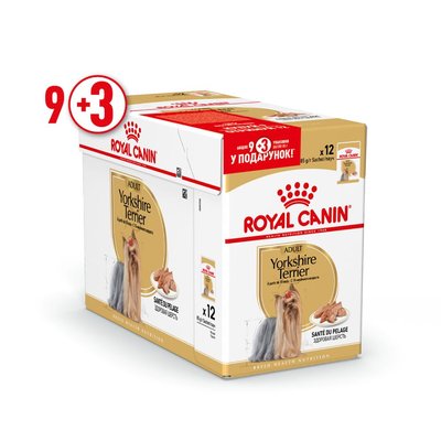 Вологий корм для дорослих собак породи йоркширський тер'єр Royal Canin Yorkshire Terrier Adult 85г, 9+3 шт у подарунок (домашня птиця) - masterzoo.ua