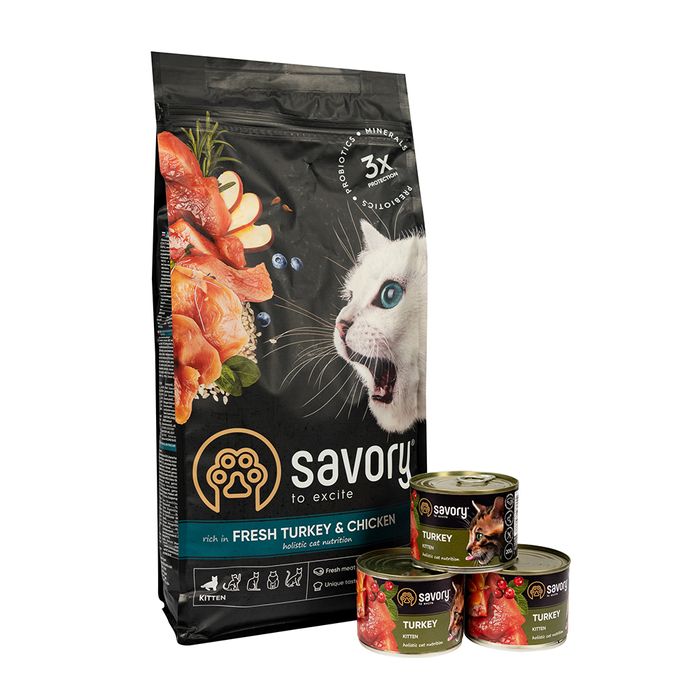 Акційний набір кормів Savory Kitten для кошенят, 2 кг + 600 г (індичка та курка) - masterzoo.ua