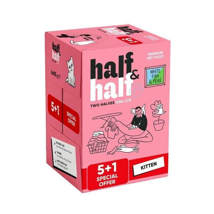 Упаковка влажного корма для котят Half&Half Kitten 6 шт х 85 г - белая рыба и горох - masterzoo.ua