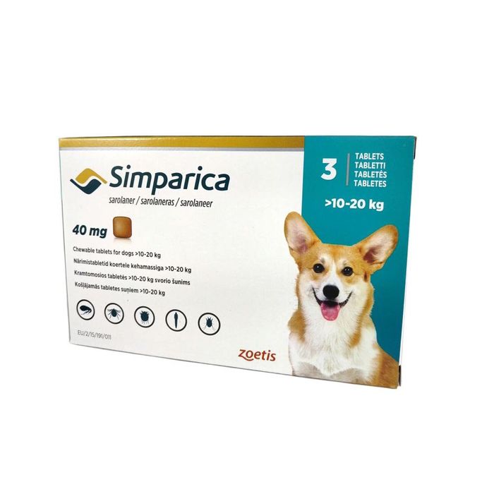 Жевательные таблетки для собак Симпарика 40 мг от 10 до 20 кг, 3 таб - masterzoo.ua