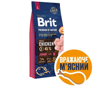 Сухий корм для цуценят та молодих собак великих порід (вагою від 25 до 45 кг) Brit Premium Junior L 15 кг (курка) - masterzoo.ua