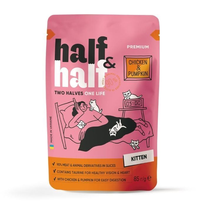 Упаковка вологого корму для кошенят Half&Half Kitten 6 шт х 85 г - курка та гарбуз - masterzoo.ua